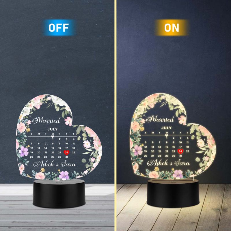 Personalized Heart Shape Wedding LED Lamp Custom with Names and Marriage Date – Romantic Anniversary & Wedding Gift for Couples, Husband, Wife Warm White Light with USB Cable